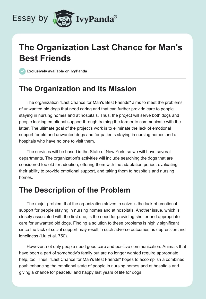 The Organization "Last Chance for Man's Best Friends". Page 1