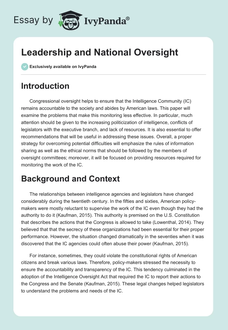 Leadership and National Oversight. Page 1