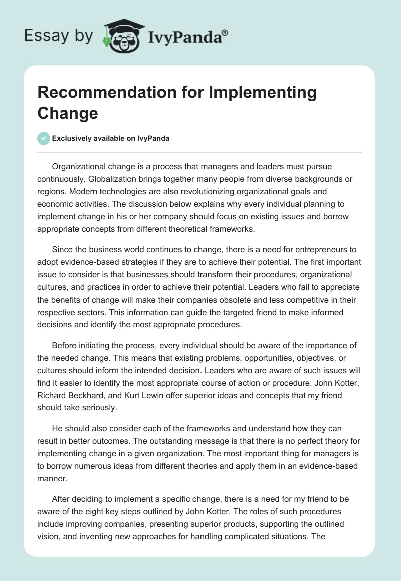 Recommendation for Implementing Change. Page 1