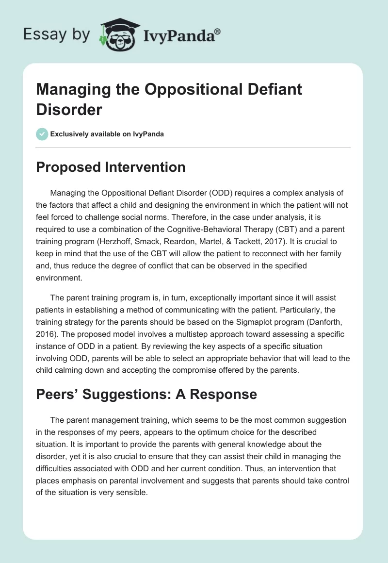 Managing the Oppositional Defiant Disorder. Page 1