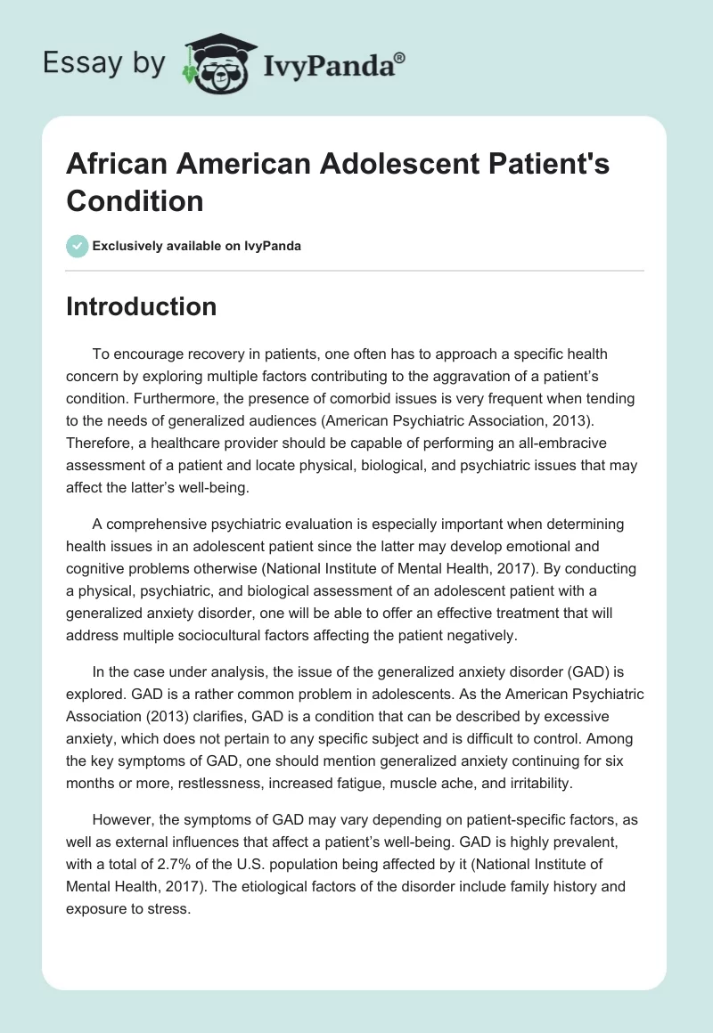 African American Adolescent Patient's Condition. Page 1