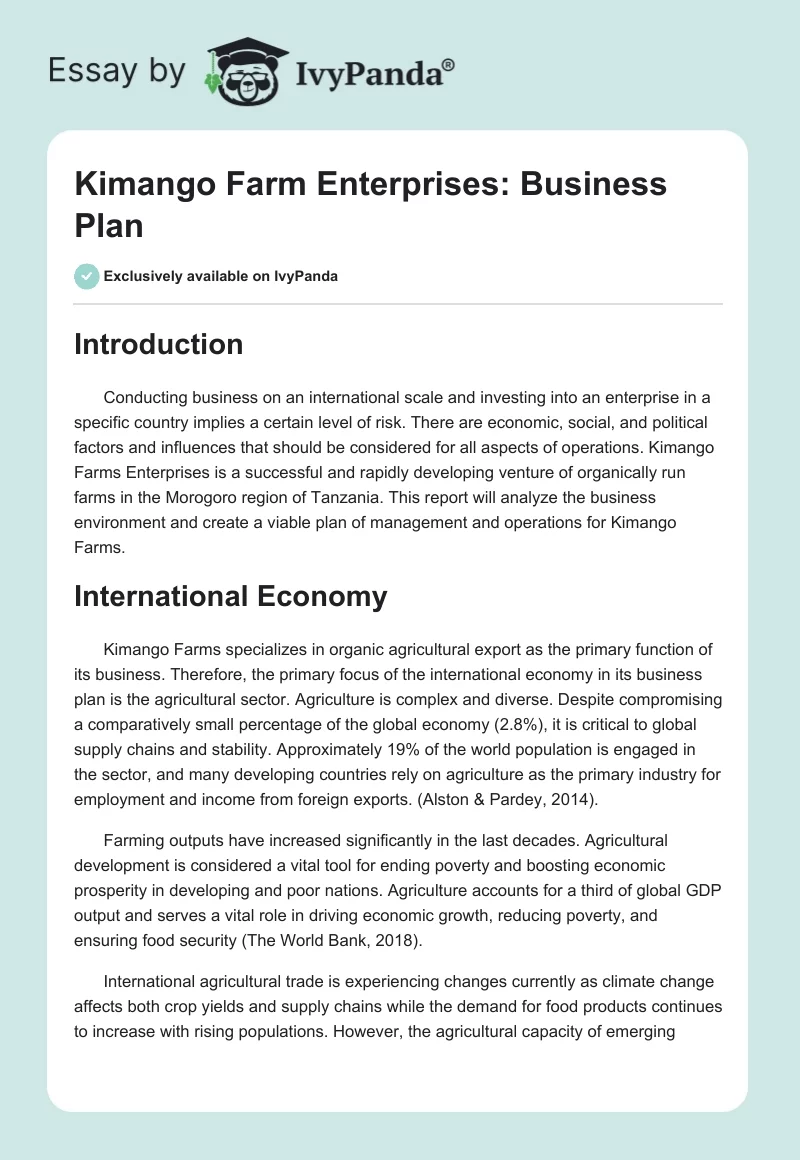 Kimango Farm Enterprises: Business Plan. Page 1