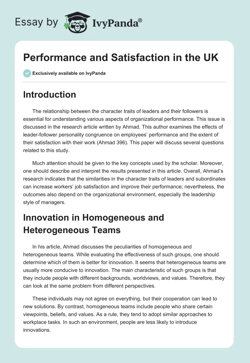 Performance and Satisfaction in the UK. Page 1