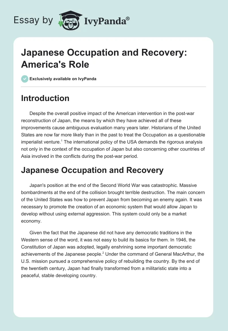 Japanese Occupation and Recovery: America's Role. Page 1