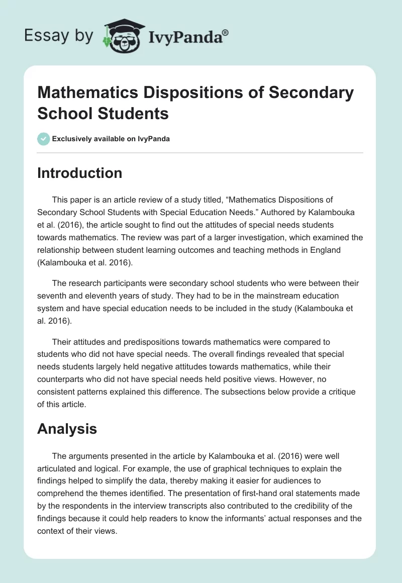 Mathematics Dispositions of Secondary School Students. Page 1