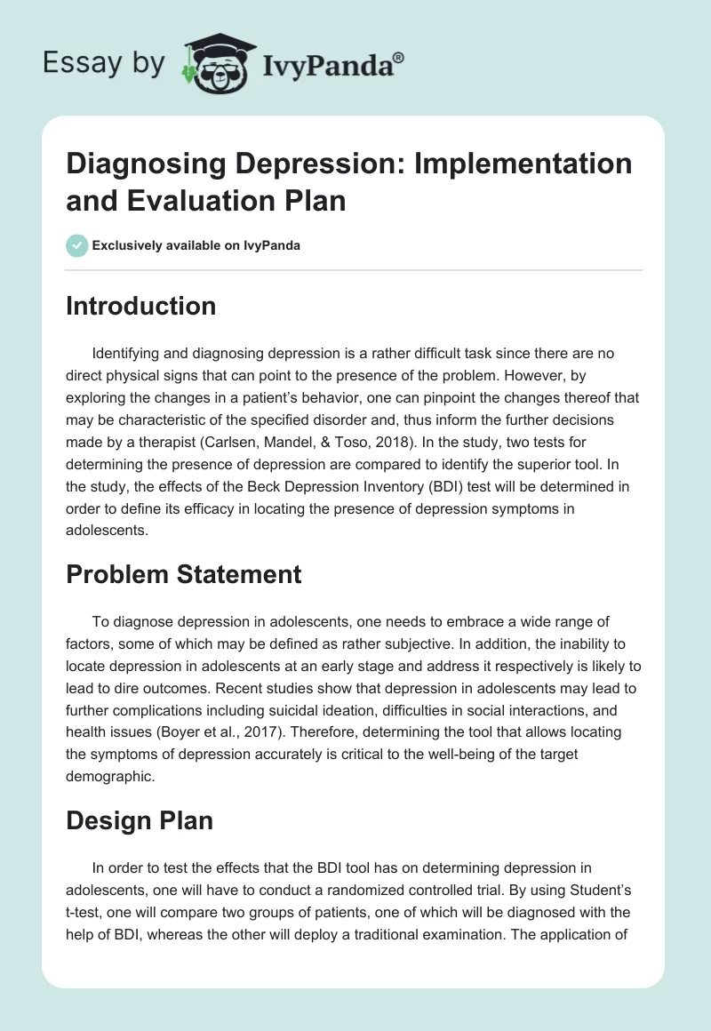 Diagnosing Depression: Implementation and Evaluation Plan. Page 1