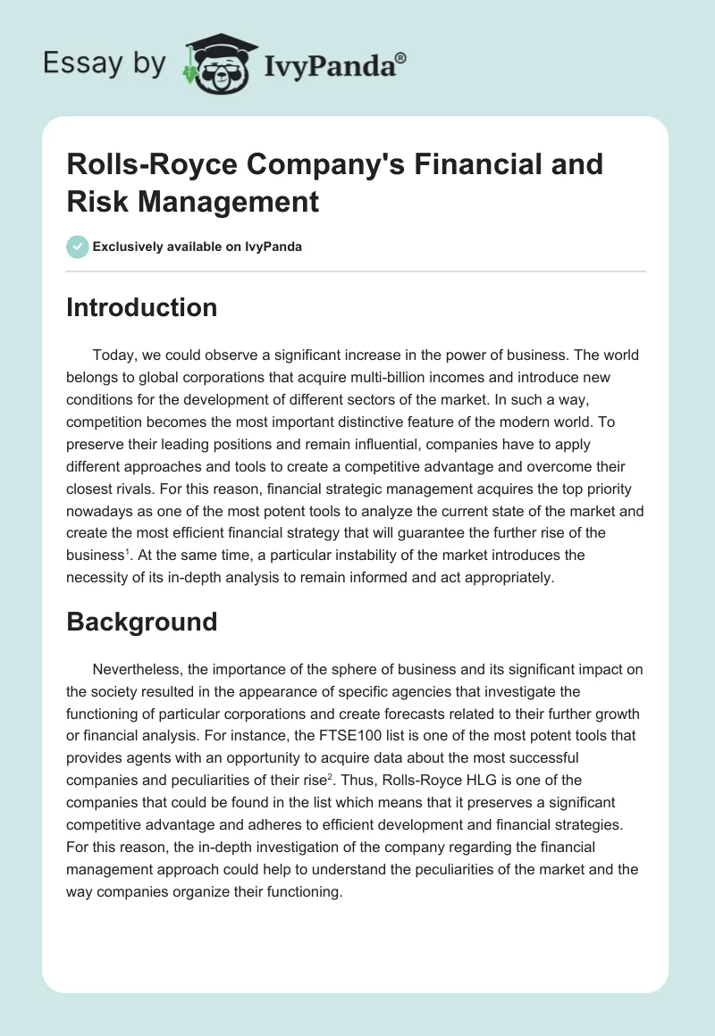 Rolls-Royce Company's Financial and Risk Management. Page 1
