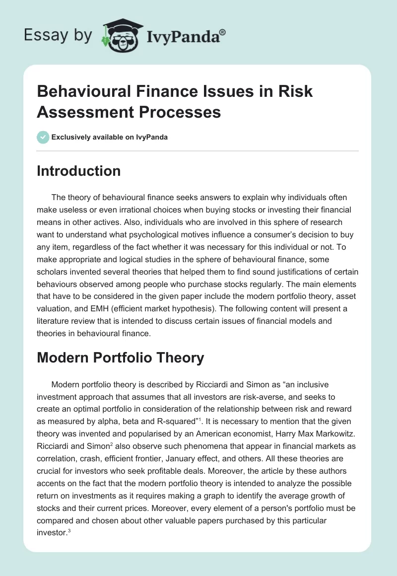 Behavioural Finance Issues in Risk Assessment Processes. Page 1