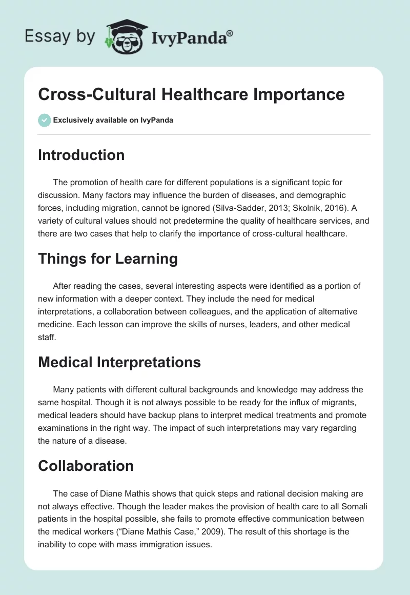 Cross-Cultural Healthcare Importance. Page 1