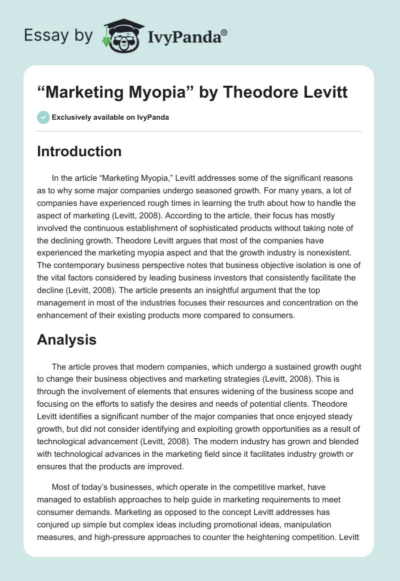 “Marketing Myopia” by Theodore Levitt. Page 1