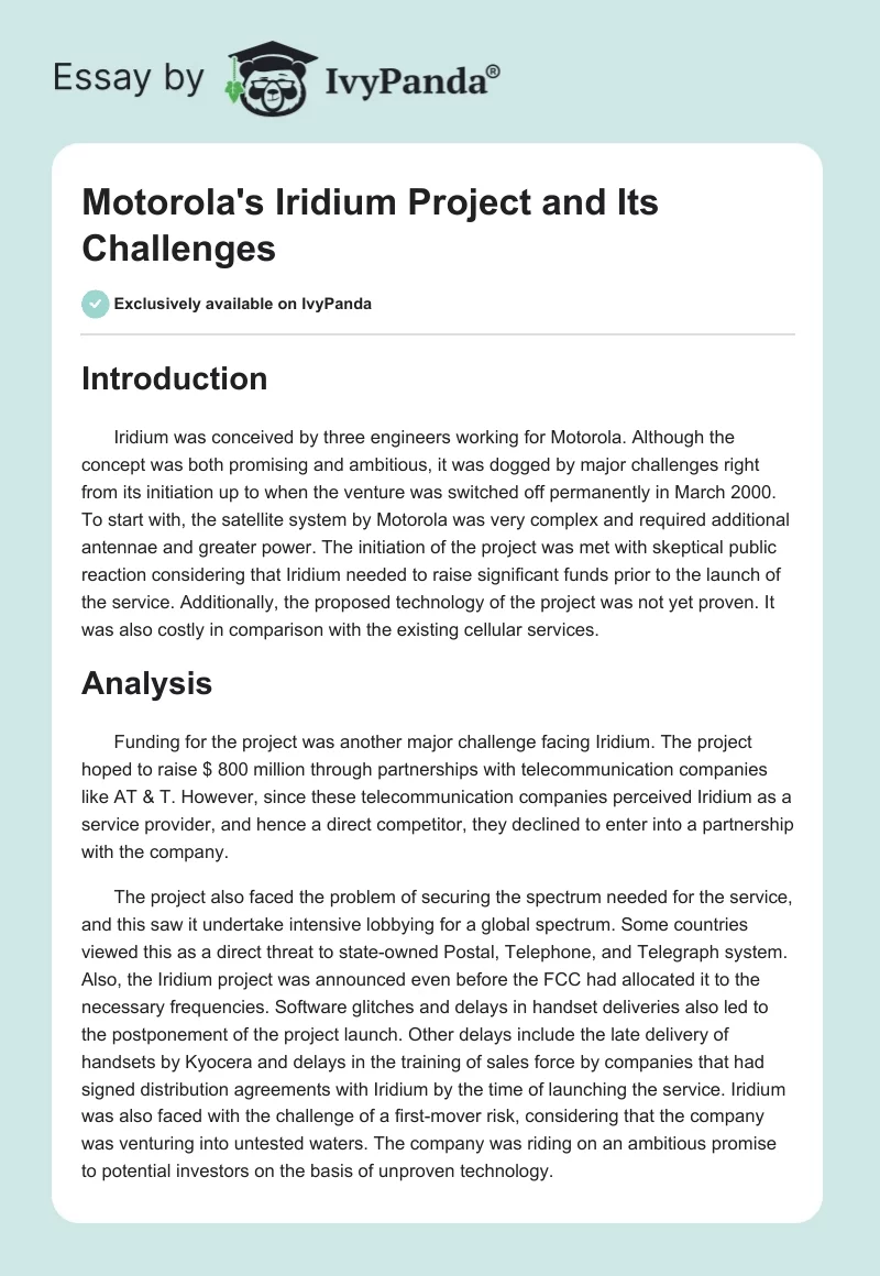 Motorola's Iridium Project and Its Challenges. Page 1