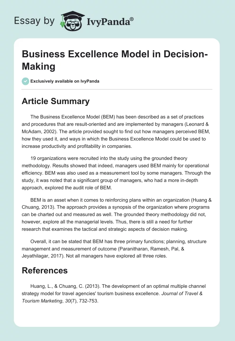 Business Excellence Model in Decision-Making. Page 1