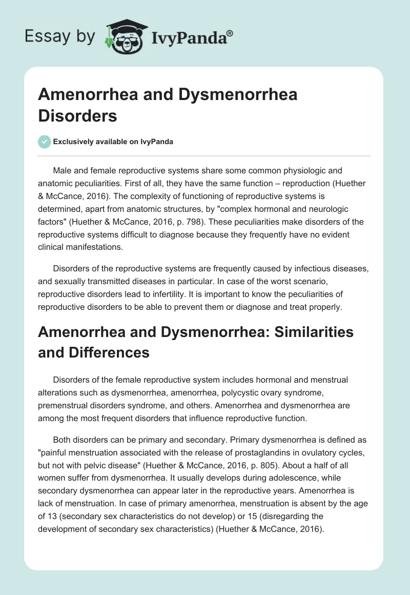 Amenorrhea and Dysmenorrhea Disorders. Page 1