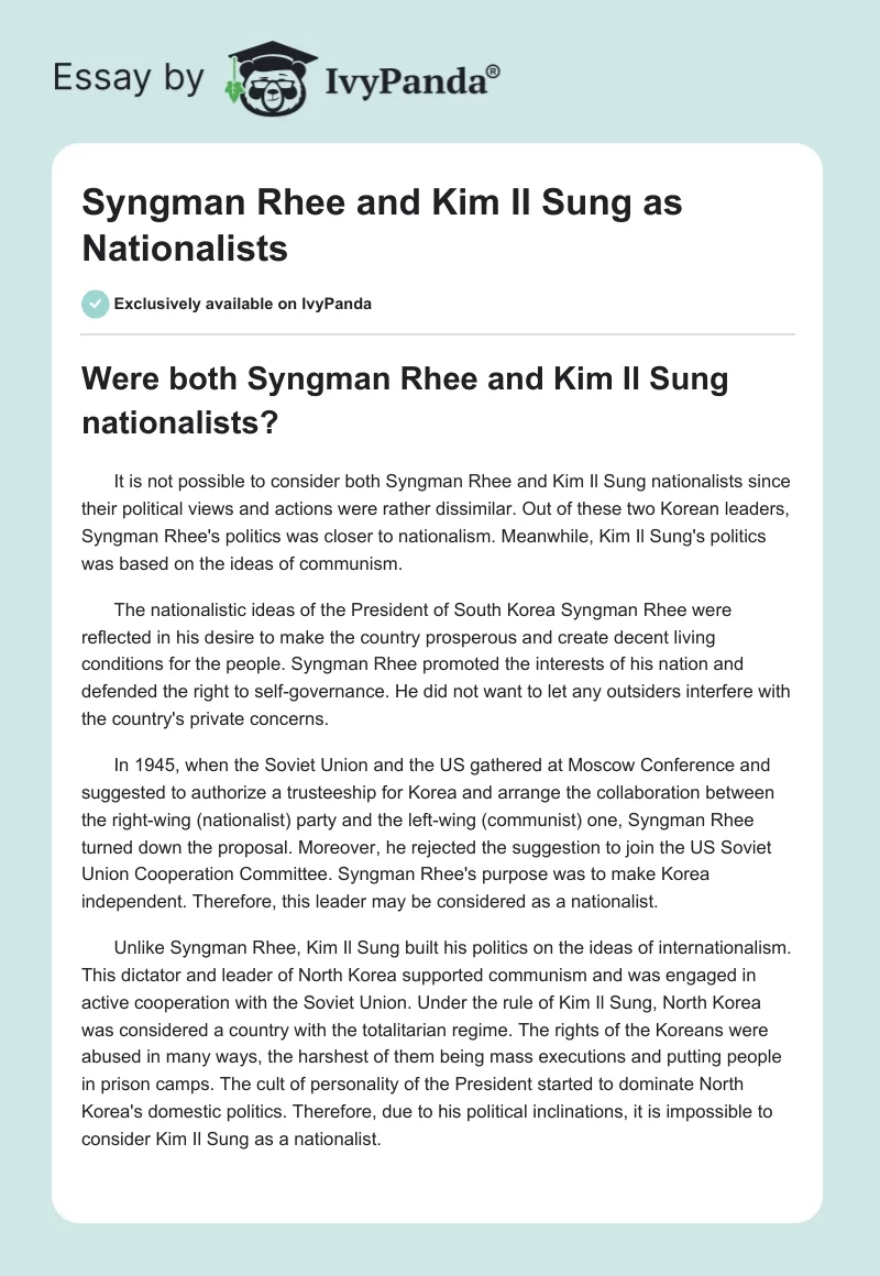 Syngman Rhee and Kim II Sung as Nationalists. Page 1
