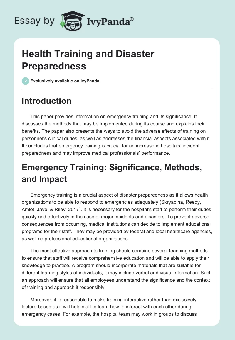 Health Training and Disaster Preparedness. Page 1