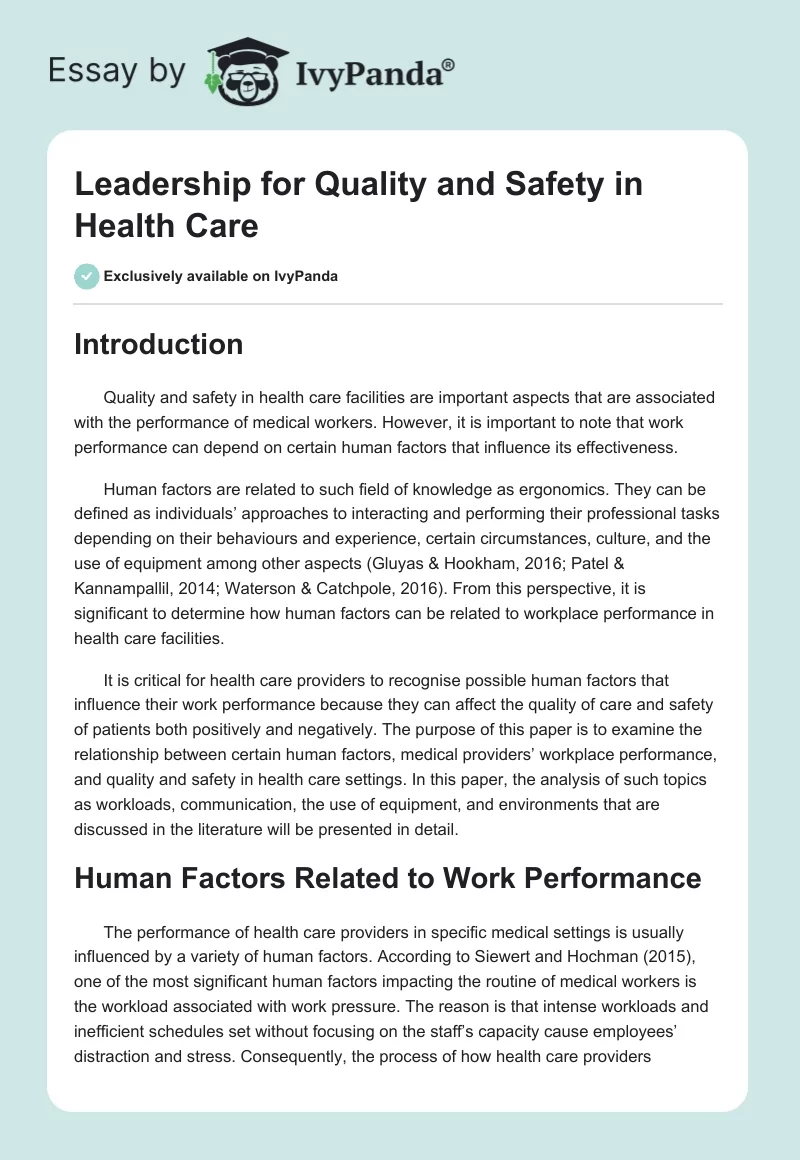 Leadership for Quality and Safety in Health Care. Page 1