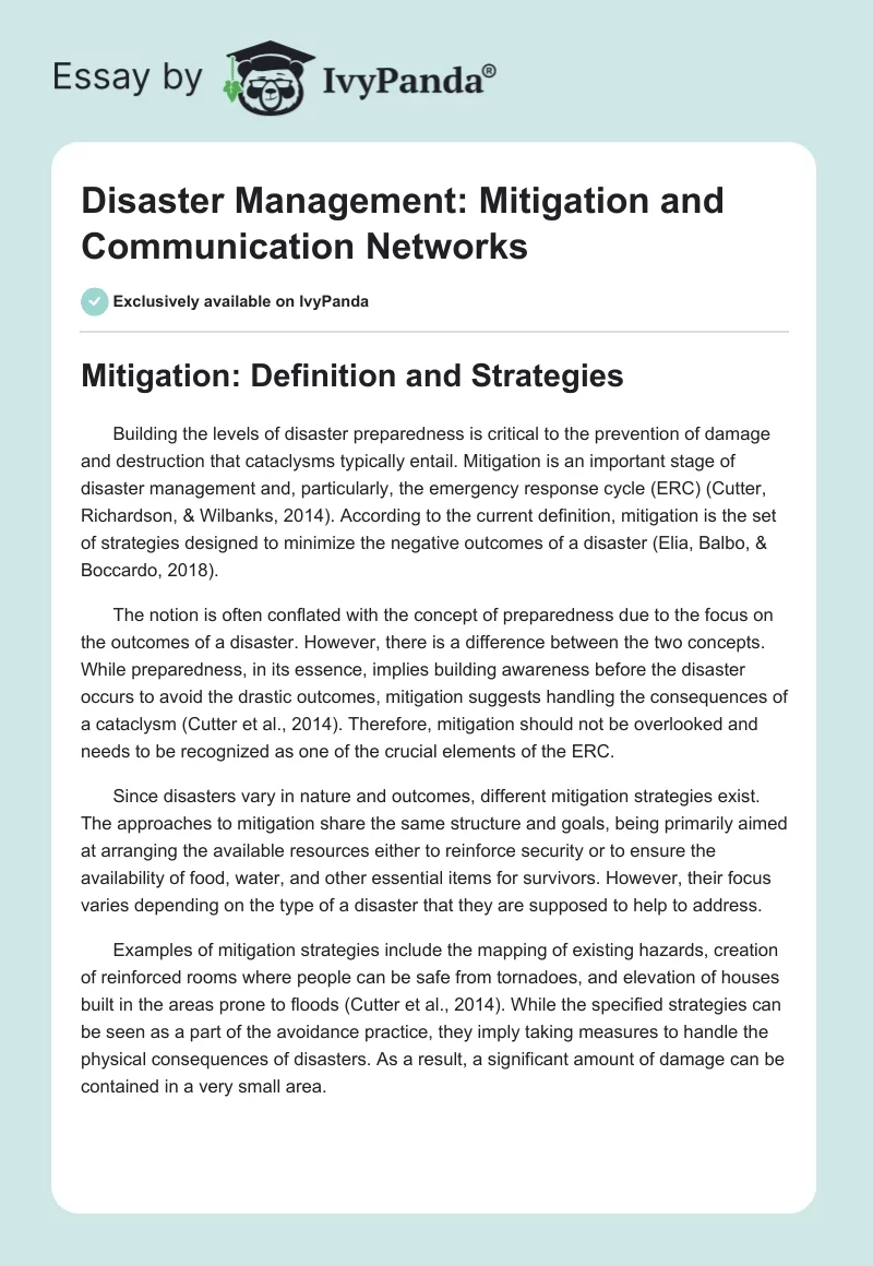 Disaster Management: Mitigation and Communication Networks. Page 1