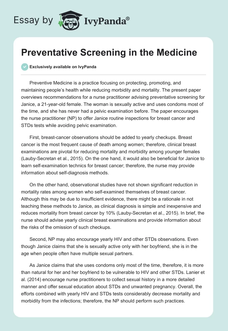 Preventative Screening in the Medicine. Page 1