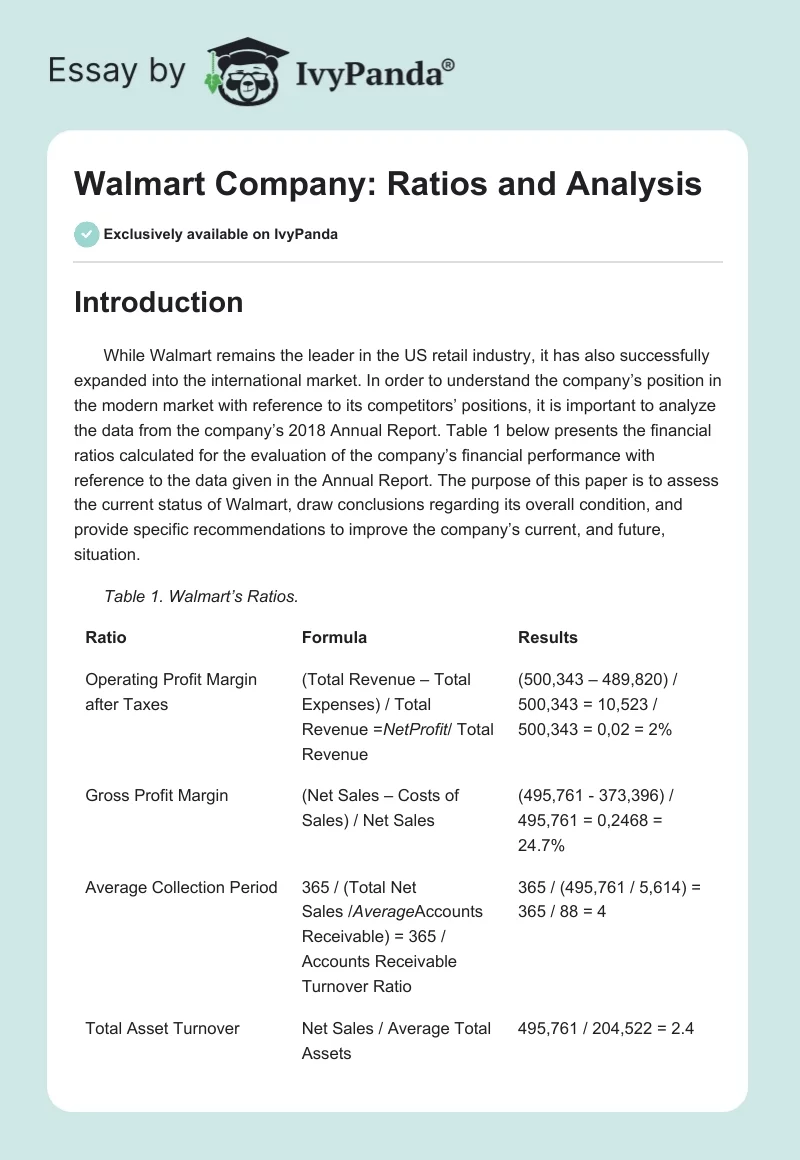 Walmart Company: Ratios and Analysis. Page 1