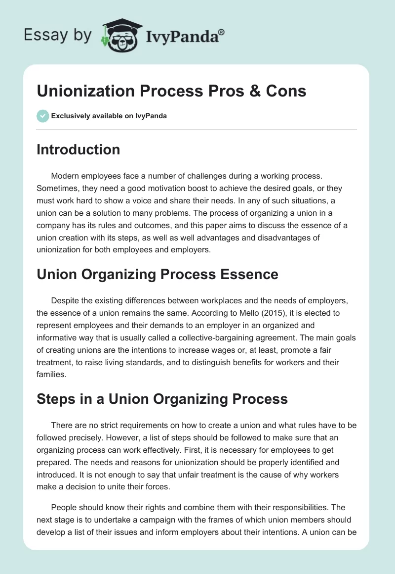Unionization Process Pros & Cons. Page 1
