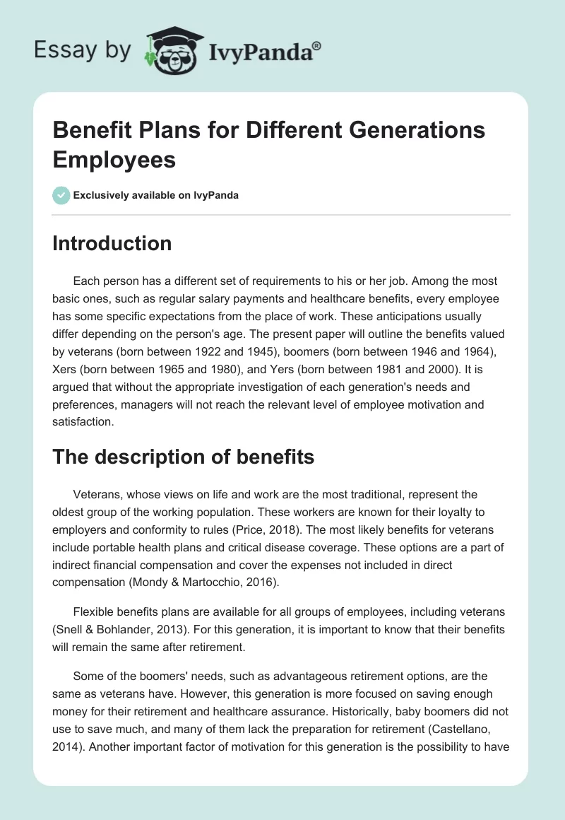 Benefit Plans for Different Generations Employees. Page 1