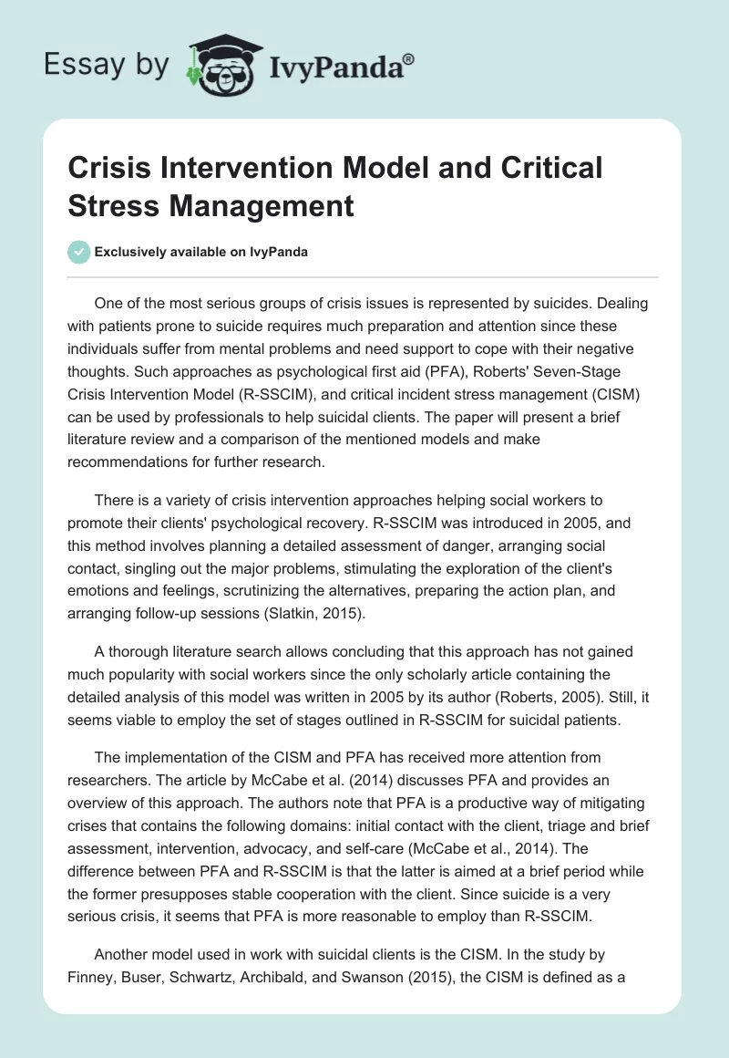 Crisis Intervention Model and Critical Stress Management. Page 1