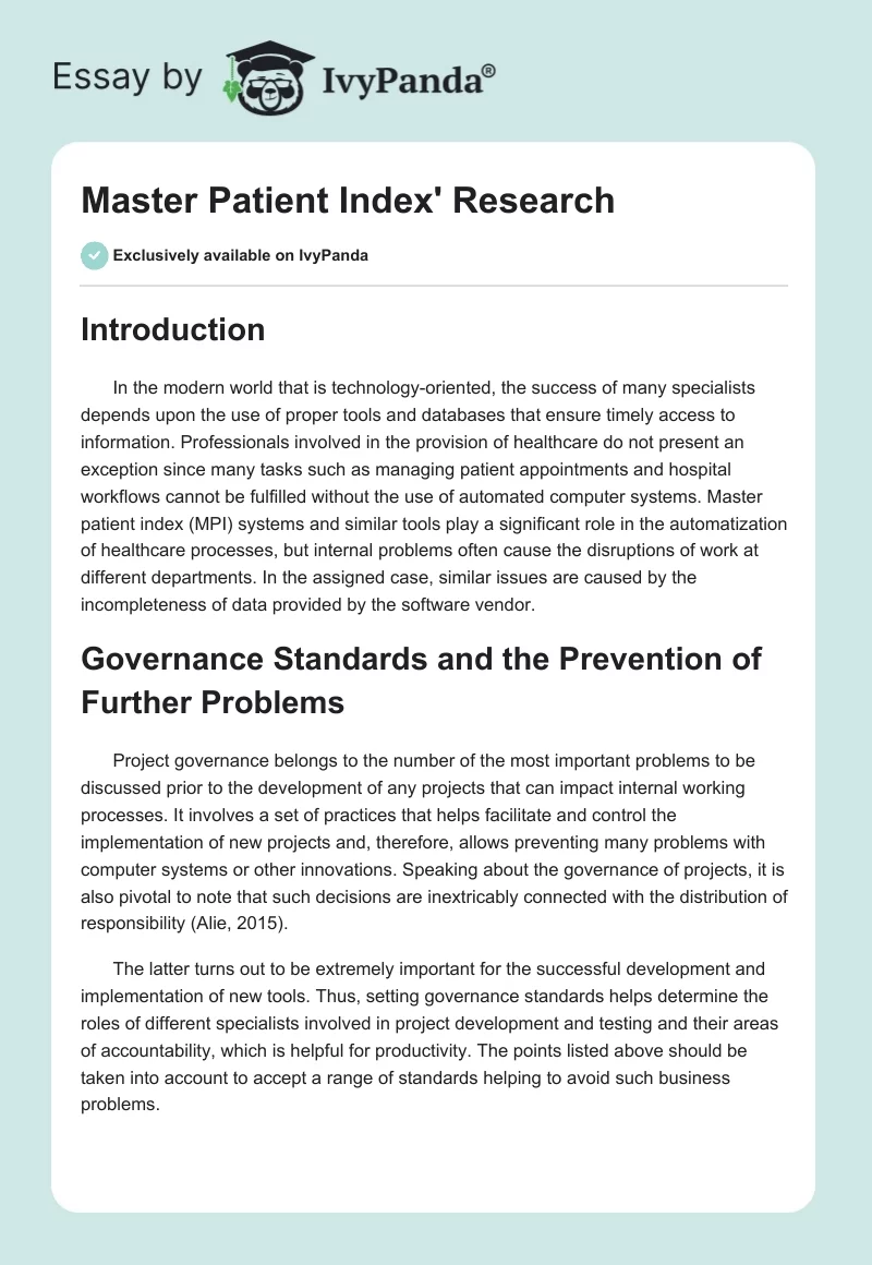 Master Patient Index' Research. Page 1