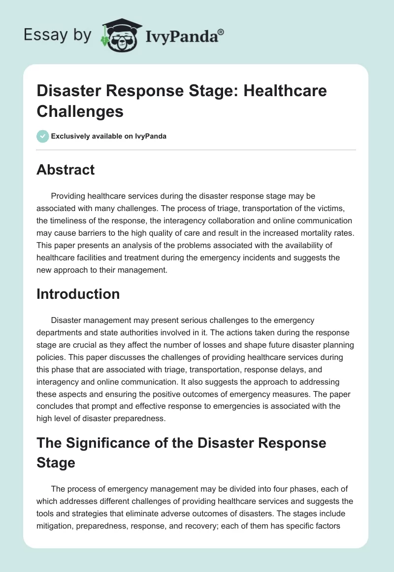 Disaster Response Stage: Healthcare Challenges. Page 1