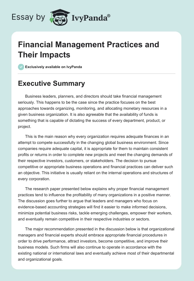 Financial Management Practices and Their Impacts. Page 1