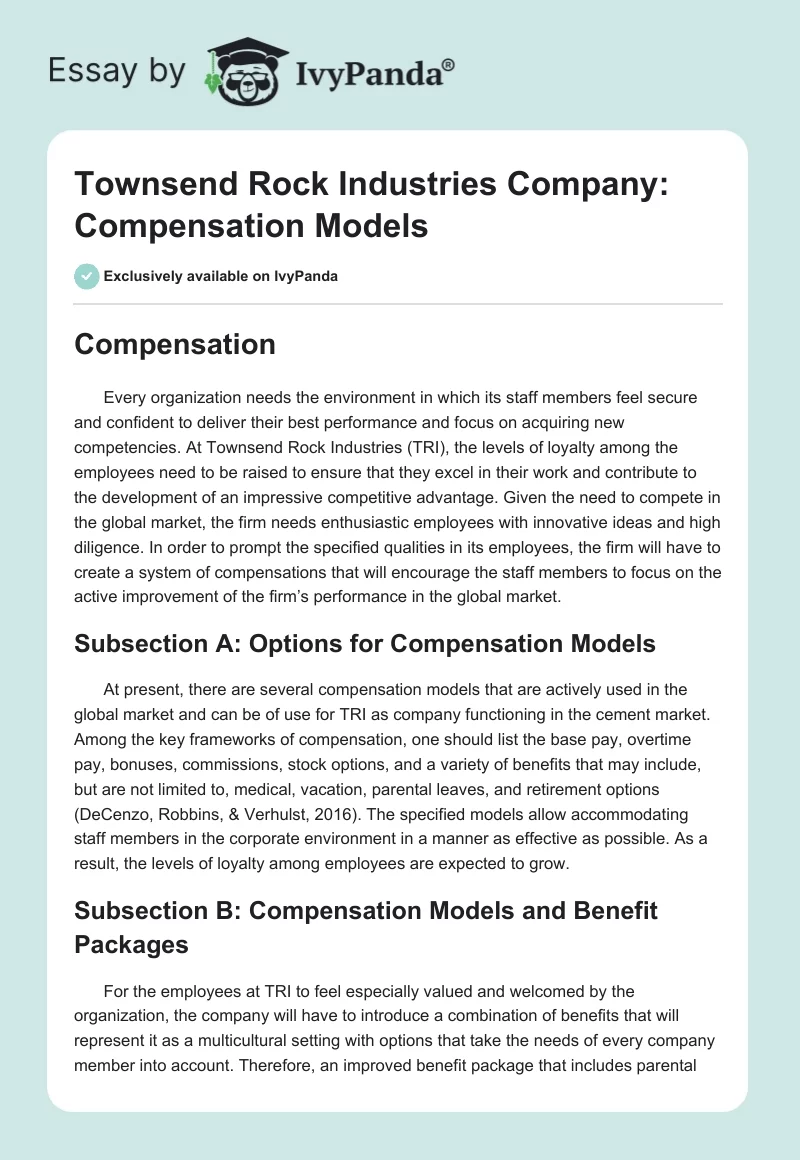 Townsend Rock Industries Company: Compensation Models. Page 1