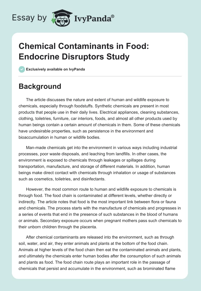 Chemical Contaminants in Food: Endocrine Disruptors Study. Page 1