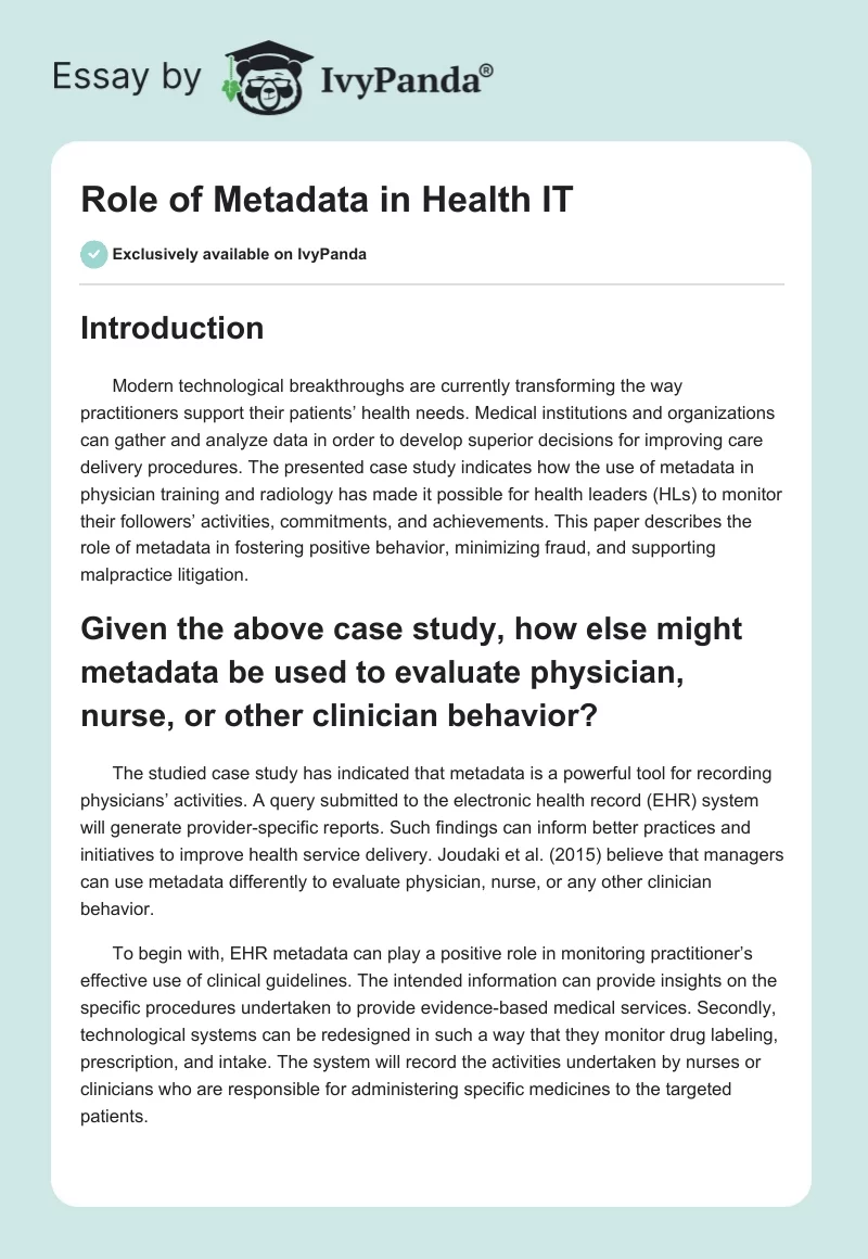Role of Metadata in Health IT. Page 1
