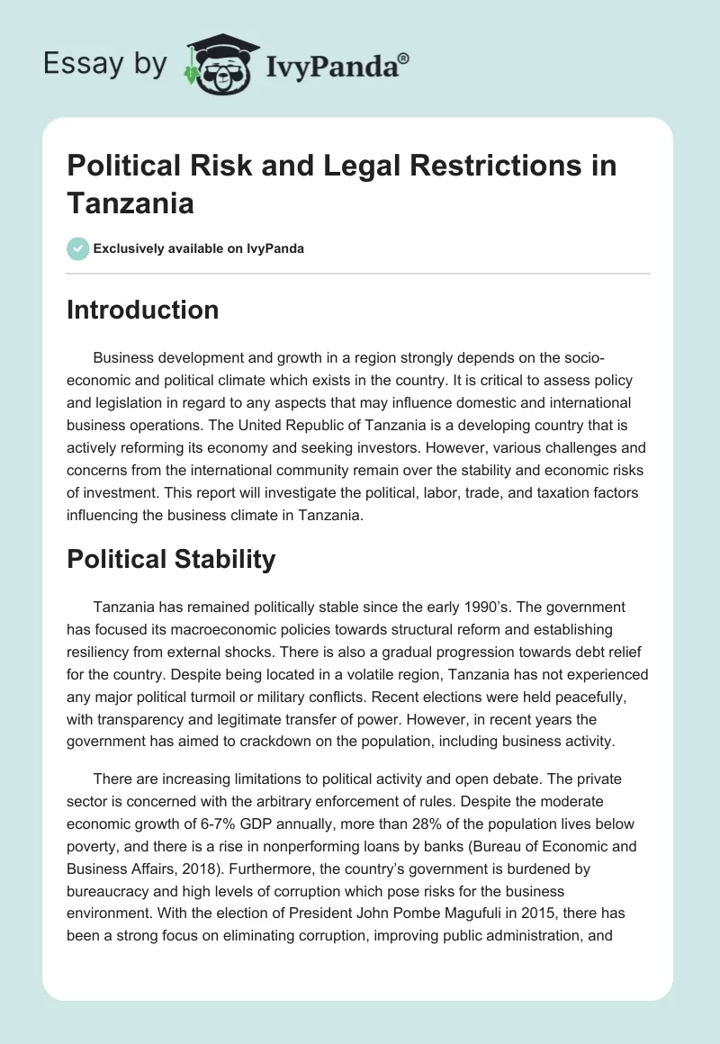 Political Risk and Legal Restrictions in Tanzania. Page 1