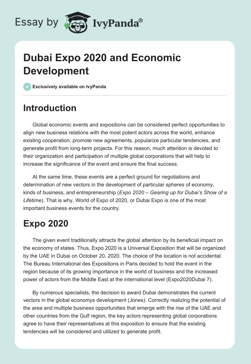 Dubai Expo 2020 and Economic Development. Page 1