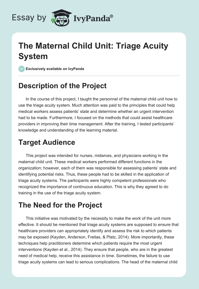 The Maternal Child Unit: Triage Acuity System. Page 1