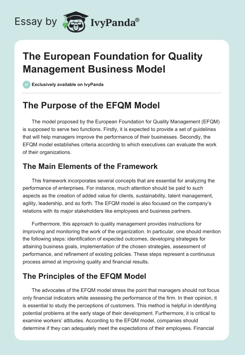The European Foundation for Quality Management Business Model. Page 1