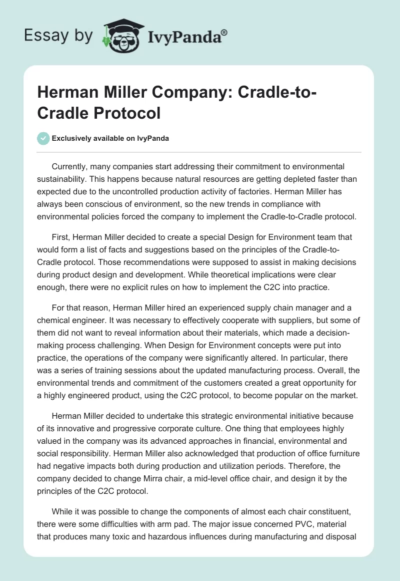 Herman Miller Company: Cradle-to-Cradle Protocol. Page 1