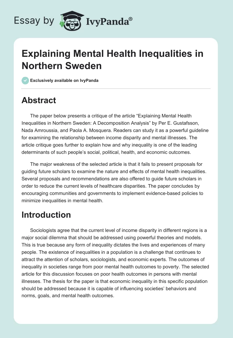 Explaining Mental Health Inequalities in Northern Sweden. Page 1