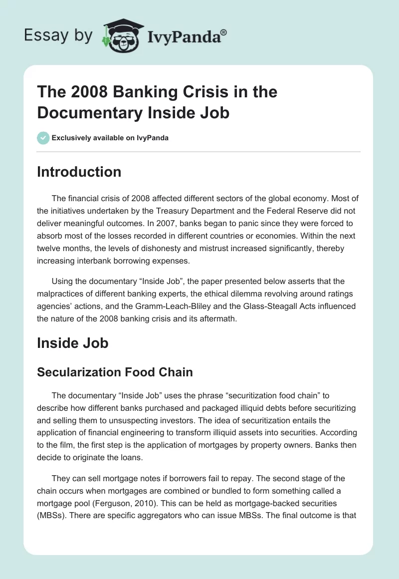 The 2008 Banking Crisis in the Documentary "Inside Job". Page 1