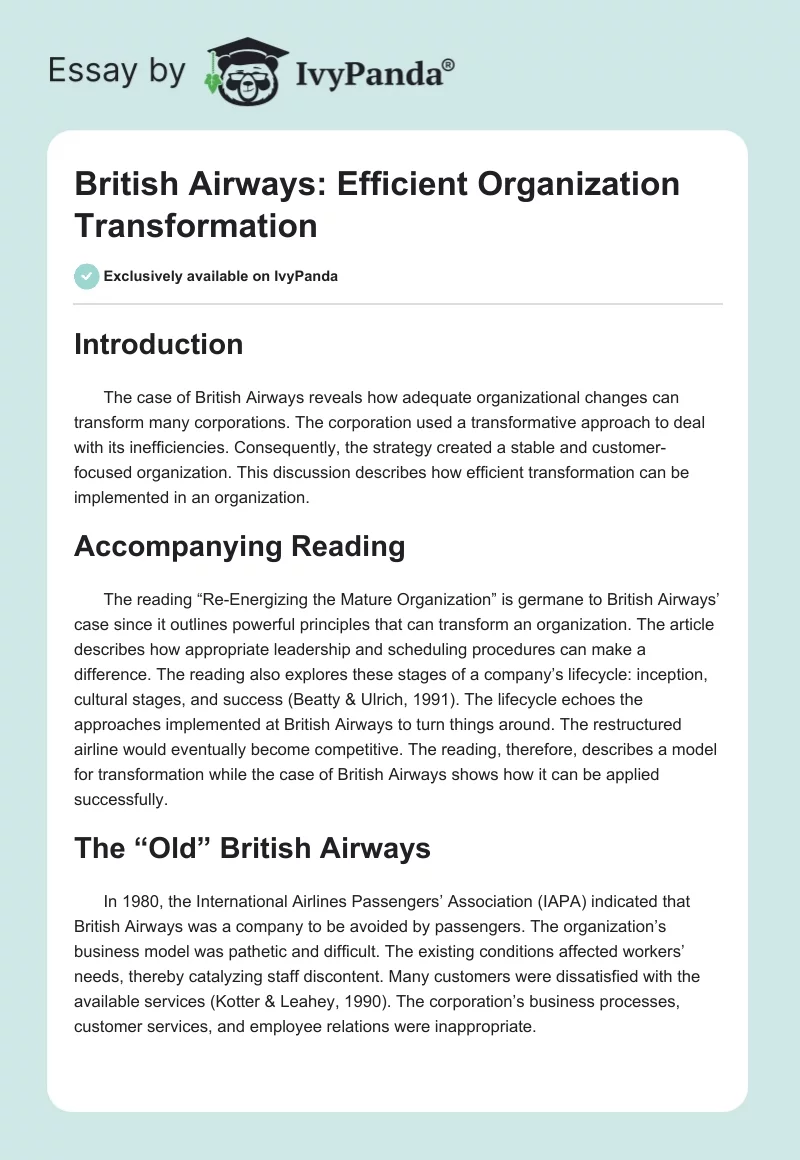 British Airways: Efficient Organization Transformation. Page 1