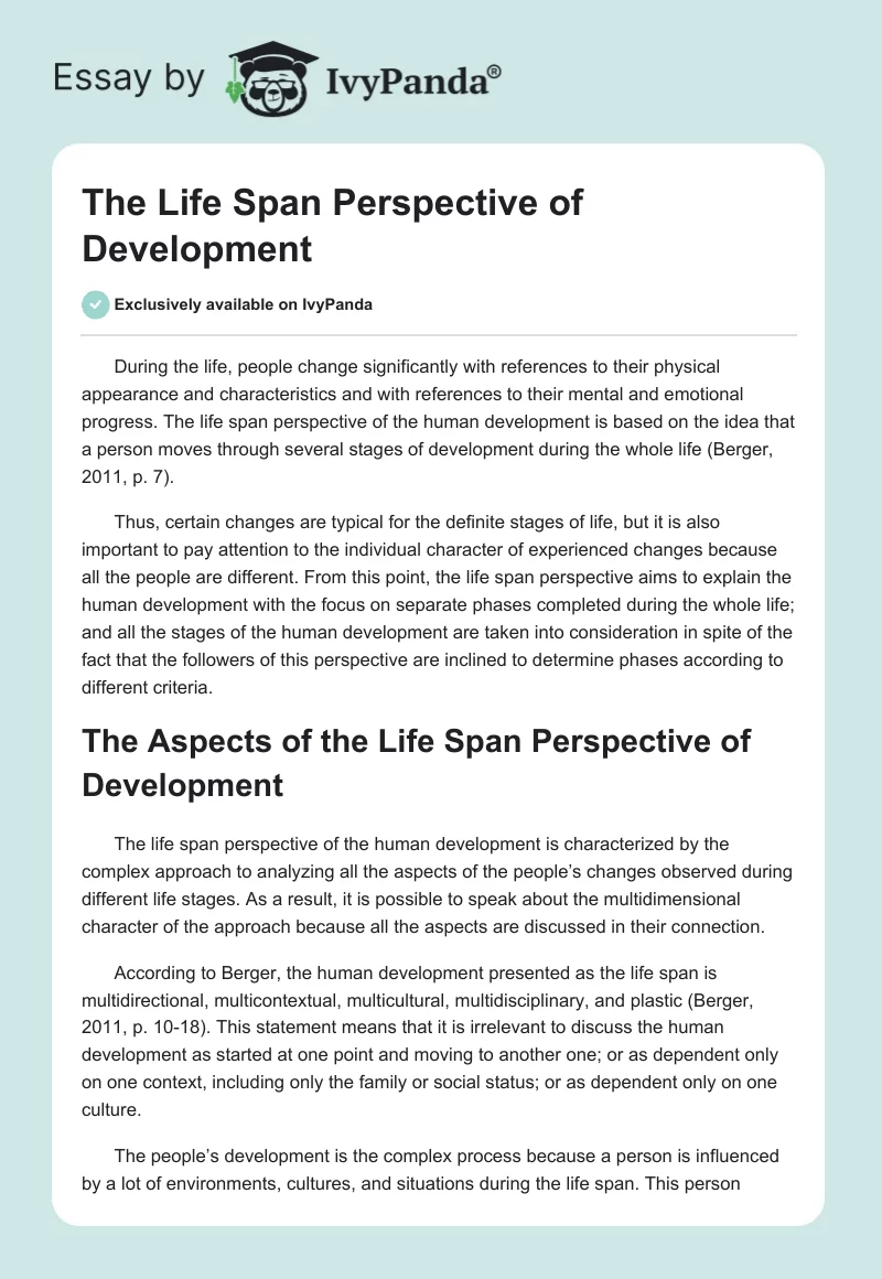 The Life Span Perspective of Development. Page 1