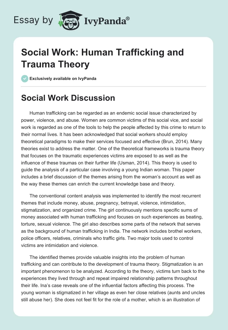 Social Work: Human Trafficking and Trauma Theory. Page 1