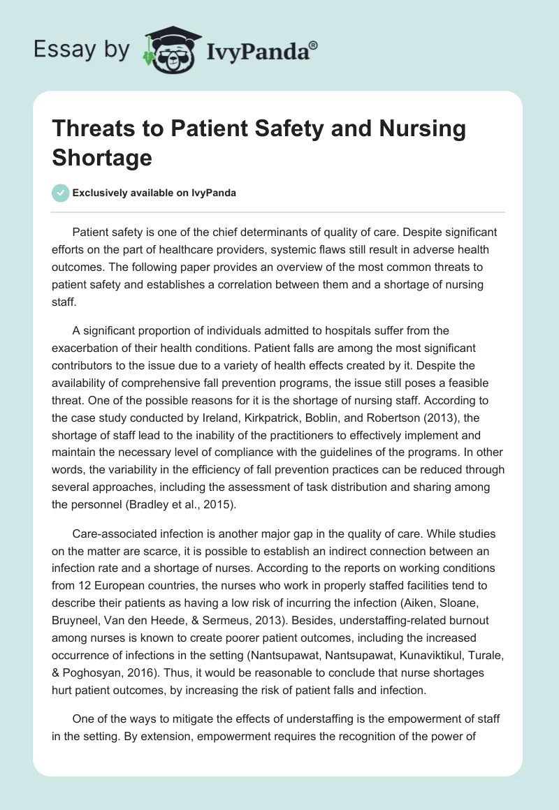 Threats to Patient Safety and Nursing Shortage. Page 1