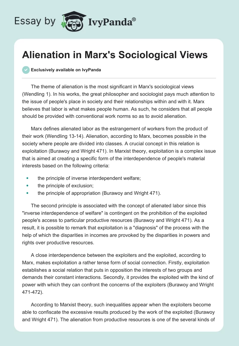 Alienation in Marx's Sociological Views. Page 1