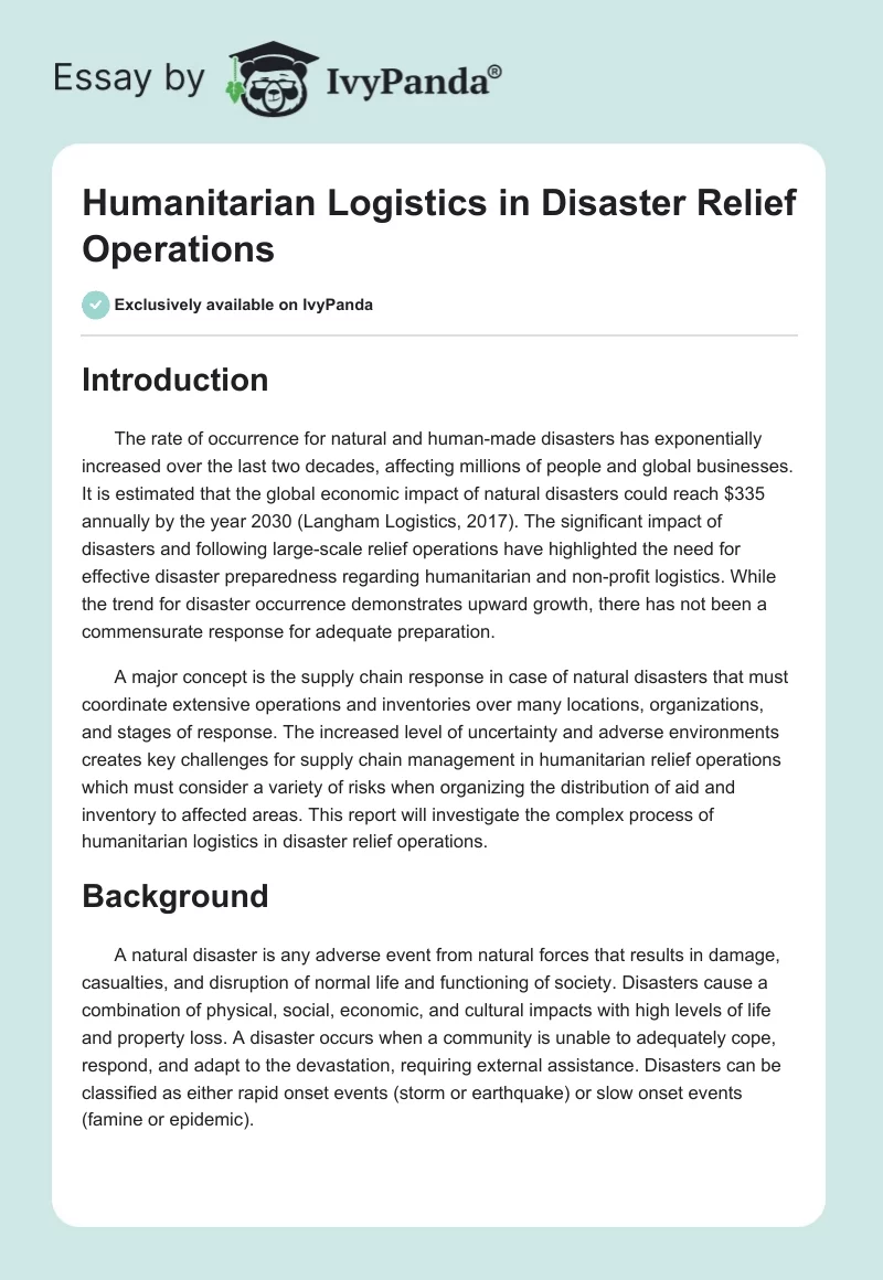 Humanitarian Logistics in Disaster Relief Operations. Page 1
