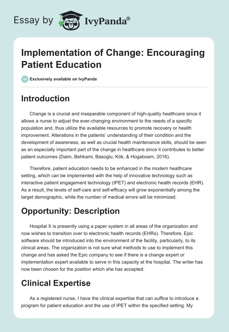 Implementation of Change: Encouraging Patient Education. Page 1