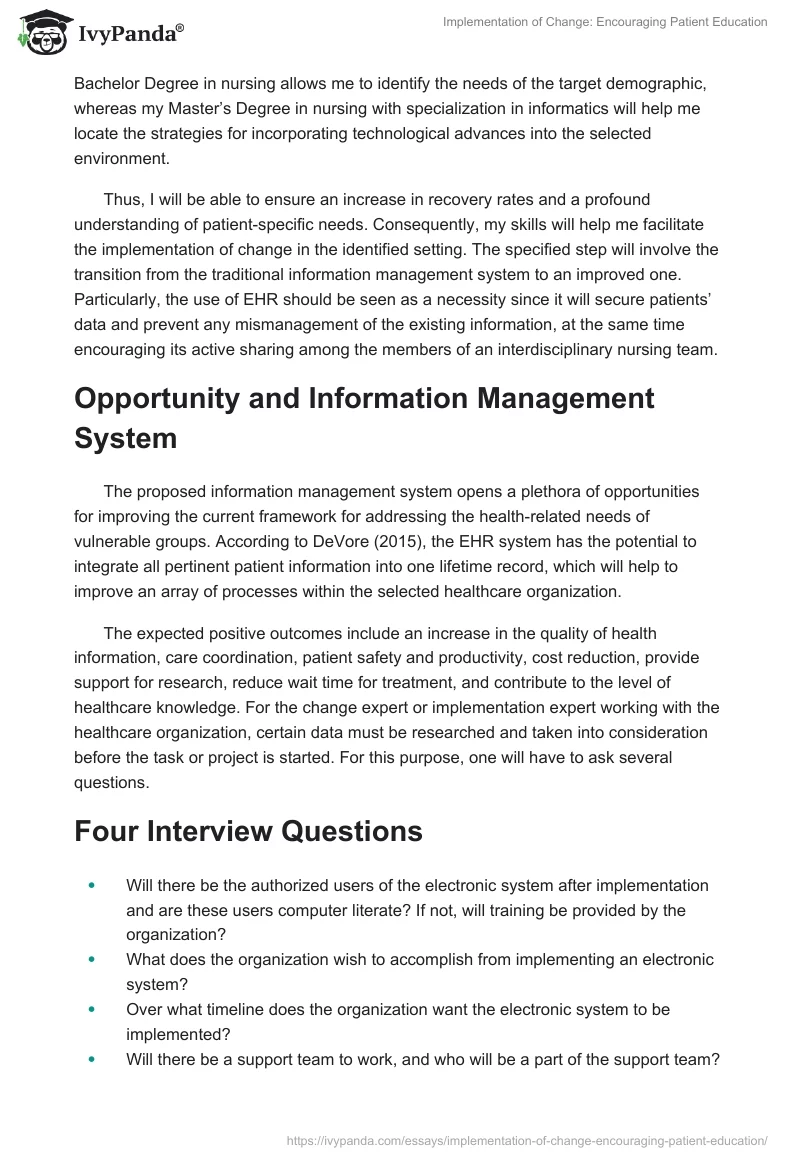 Implementation of Change: Encouraging Patient Education. Page 2