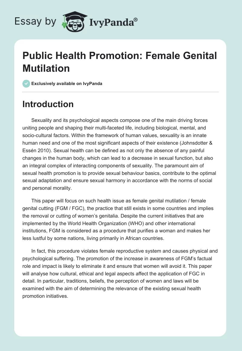 Public Health Promotion: Female Genital Mutilation. Page 1