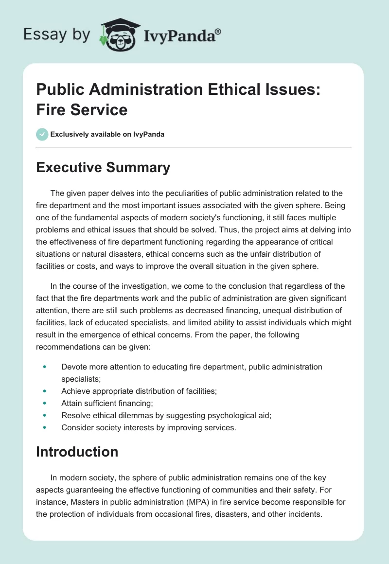 Public Administration Ethical Issues: Fire Service. Page 1
