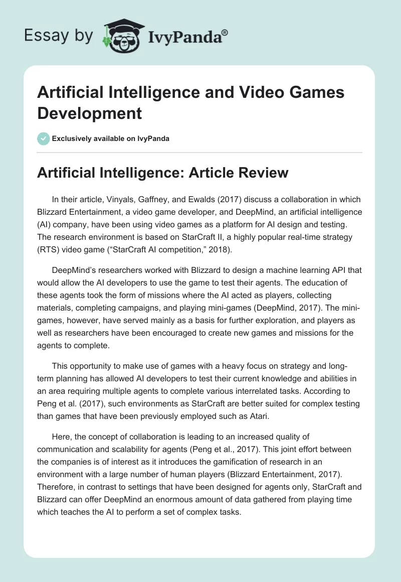 Artificial Intelligence and Video Games Development. Page 1